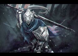1boy absurdres amazuya_azuma armor artorias_the_abysswalker blue_cape cape commentary_request damaged dark_souls_(series) dark_souls_i full_armor gauntlets hand_up helm helmet highres holding holding_sword holding_weapon looking_at_viewer male_focus pauldrons pillarboxed shoulder_armor signature solo sword torn_cape torn_clothes twitter_username upper_body weapon
