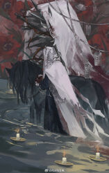 1boy absurdres ali_shanshandian black_coat candle charon_(reverse:1999) coat dog_tags floral_background flower from_side highres horse male_focus multiple_views object_on_head poppy_(flower) red_flower reverse:1999 solo veil wading water watermark weibo_watermark white_veil