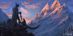 absurdres blue_sky cloud commentary copyright_name english_commentary evening highres landscape michal_kus no_humans outdoors pine_tree realistic scenery signature sky snake snow statue talos_(elder_scrolls) the_elder_scrolls the_elder_scrolls_v:_skyrim tree