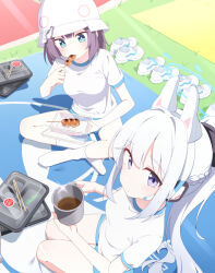 2girls animal_ears bento black_hair blue_archive blue_buruma blue_halo braid bucket_hat buruma commentary_request cup earpiece eating fake_animal_ears food_request grass green_eyes gym_shirt gym_uniform half_up_braid halo hat holding holding_cup long_hair looking_at_viewer miyako_(blue_archive) multiple_girls purple_eyes quarterlift rabbit_ears saki_(blue_archive) shirt shoes short_sleeves sitting socks unworn_shoes white_hair white_hat white_socks