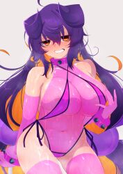 1girl ahoge blush bombergirl breasts colored_inner_hair commentary_request cowboy_shot da_(da_3939) elbow_gloves gloves grin hair_horns highres large_breasts long_hair looking_at_viewer messy_hair multicolored_hair one-piece_swimsuit orange_eyes orange_hair pink_gloves pink_one-piece_swimsuit pink_slingshot_swimsuit pink_thighhighs prune_(bombergirl) purple_hair see-through_clothes see-through_one-piece_swimsuit simple_background slingshot_swimsuit smile solo sweat swimsuit thighhighs very_long_hair white_background