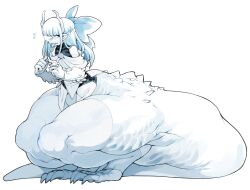Rule 34 | 1boy, animal feet, animal hands, black eyes, blue hair, blue tongue, bow, claws, colored tongue, commentary, demi (dizzyspells), digitigrade, dizzyspells, dragon boy, dragon horns, dragon tail, english commentary, flying sweatdrops, full body, hair bow, highres, horns, long hair, looking at viewer, looking back, male focus, monster boy, off shoulder, original, pointy ears, ribbon, simple background, solo, squatting, tail, tail ornament, tail ribbon, thick tail, thighhighs, tongue, tongue out, trap, white background, white hair, white thighhighs