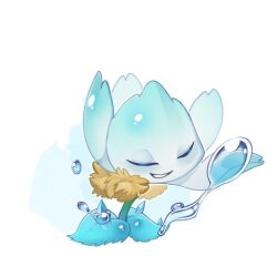 Rule 34 | closed eyes, dripping diphylleia (plants vs. zombies), flower, flower focus, grin, holding, leaf, no humans, official alternate costume, plants vs. zombies, plants vs. zombies 2, plants vs. zombies 2 (chinese), simple background, smile, solo, u u, veghia, water drop, white background, white flower
