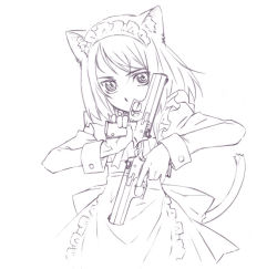 1girl animal_ears cat_ears cat_tail female_focus greyscale gun handgun maid monochrome nyaou original pistol simple_background solo tail weapon