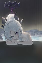 1girl absurdres ahoge alternate_costume alternate_hairstyle black_halo blue_archive collarbone demon_girl demon_horns halo highres hina_(blue_archive) horns long_hair looking_at_viewer nude onsen purple_eyes solo steam vixsi_art white_hair