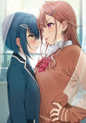 2girls arms_at_sides asymmetrical_docking blazer blue_hair blue_jacket blue_necktie blush bow bowtie breast_envy breast_press breasts brown_cardigan brown_hair cardigan collared_shirt cover_image curtains dengeki_bunko diagonal-striped_bow diagonal-striped_bowtie diagonal-striped_clothes diagonal-striped_necktie earrings eye_contact hair_ornament hairclip heart heart_earrings highres indoors jacket jewelry lapels large_breasts long_hair long_sleeves looking_at_another loose_bowtie mole mole_under_eye multiple_girls nail_polish necktie notched_lapels novel_illustration official_art purple_eyes red_bow red_bowtie red_nails school_uniform seiyuu_radio_no_uraomote shirt short_hair sleeves_past_wrists striped_bow striped_bowtie striped_clothes striped_necktie textless_version tsukana_(saba_mizore) upper_body utatane_yasumi v-shaped_eyebrows window yellow_eyes yuugure_yuuhi