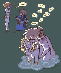 1boy 1girl all_fours artist_name blonde_hair blue_shirt blush boots brown_boots brown_pants commentary couple doggystyle dress english_commentary grabbing_another&#039;s_breast grabbing_from_behind green_eyes groping hetero highres ilikeluigibooty link nintendo nude pants pointy_ears ponytail princess_zelda scar see-through_clothes sex sex_from_behind shirt short_ponytail sidelocks speech_bubble standing the_legend_of_zelda the_legend_of_zelda:_breath_of_the_wild wading water white_dress