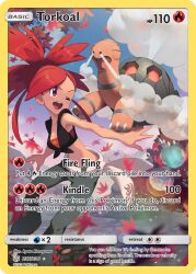 1girl artist_name autumn_leaves belt blue_sky card_(medium) character_name closed_eyes cloud company_name copyright_name copyright_notice creatures_(company) day english_text flannery_(pokemon) game_freak gen_3_pokemon grey_pants leaf long_hair midriff murayama_ryota nintendo official_art one_eye_closed open_mouth pants pokemon pokemon_(creature) pokemon_card pokemon_oras pokemon_tcg ponytail red_eyes red_hair sky smile smoke teeth third-party_source torkoal trading_card upper_teeth_only v-shaped_eyebrows white_belt