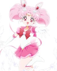 Rule 34 | 1girl, back bow, bad id, bad twitter id, bishoujo senshi sailor moon, bishoujo senshi sailor moon crystal, boots, bow, bowtie, brooch, chibi usa, choker, circlet, commentary, cone hair bun, cowboy shot, dot nose, double bun, earrings, elbow gloves, english commentary, eyelashes, feathers, gloves, hair bun, hair ornament, happy, high heel boots, high heels, highres, honeymoonpetal, jewelry, knee boots, leg up, leotard, magical girl, miniskirt, offering hand, official style, open mouth, outstretched arm, parted bangs, pink bow, pink brooch, pink choker, pink hair, pink sailor collar, pink skirt, pink sleeves, pleated skirt, puffy short sleeves, puffy sleeves, red bow, red bowtie, red eyes, ringlets, sailor chibi moon, sailor collar, sailor senshi uniform, short hair, short sleeves, short twintails, simple background, skirt, sleeved leotard, solo, star (symbol), star brooch, star choker, star earrings, tareme, twintails, white background, white boots, white gloves, white leotard