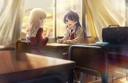 2girls :d aqua_neckerchief arms_on_table black_socks blue_eyes blue_hair braid briefcase brown_cardigan brown_dress cardigan ceras_yanagida_lilienfeld chair classroom curtains desk dress game_cg grey_hair grey_sky hair_intakes half_up_braid half_updo hasu_no_sora_school_uniform highres holding holding_pencil indoors lens_flare link!_like!_love_live! long_hair long_sleeves looking_at_another love_live! mechanical_pencil medium_dress mole mole_on_neck multiple_girls murano_sayaka neckerchief non-web_source official_art on_chair open_cardigan open_clothes open_mouth open_window pencil profile red_neckerchief reflective_surface sailor_collar sailor_dress school_briefcase school_chair school_desk school_uniform sitting sky sleeves_past_wrists smile socks teeth upper_teeth_only virtual_youtuber wavy_hair white_sailor_collar window winter_uniform