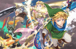 2boys 2girls armor blonde_hair blue_eyes bow_(weapon) earrings gloves grin helmet holding holding_sword holding_weapon hylian_shield hyrule_warriors impa jewelry link long_hair lowah midna multiple_boys multiple_girls nintendo pointy_ears princess_zelda red_eyes scarf shield smile sword the_legend_of_zelda the_legend_of_zelda:_twilight_princess tiara weapon white_hair
