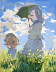 2girls blonde_hair blue_hair blue_sky cephalopod_eyes closed_mouth collared_shirt colored_eyelashes commentary_request fine_art_parody frye_(splatoon) hair_over_one_eye highres holding holding_umbrella inkling long_hair looking_at_viewer multiple_girls nintendo octoling on_grass open_mouth outdoors parody pointy_ears red_eyes shirt shiver_(splatoon) short_eyebrows sky splatoon_(series) splatoon_3 standing tentacle_hair thick_eyebrows umbrella woman_with_a_parasol yellow_eyes yuyumo296809