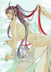 2boys ahoge all_fours anal ankekkai ass bed_sheet bishounen black_hair blush completely_nude doggystyle english_text grabbing_another&#039;s_hair hair_ribbon hand_on_another&#039;s_hip highres holding_another&#039;s_hair indoors lan_wangji long_hair looking_back male_focus modao_zushi multiple_boys nude on_bed open_mouth out_of_frame ponytail red_ribbon ribbon sex sex_from_behind sheet_grab sidelocks smile solo_focus sweat twitter_username watermark wei_wuxian yaoi