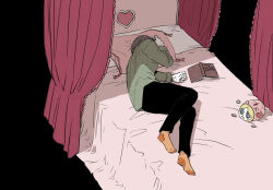 1boy bed black_background book brown_hair canopy_bed coin commentary_request curtains green_shirt highres luther_von_ivory lying male_focus on_bed on_side piggy_bank randal&#039;s_friends shirt simple_background sleeping solo tsukasa_(tsukasa_mimizuku)
