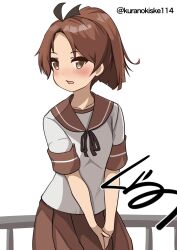 1girl artist_logo artist_name brown_eyes brown_hair brown_neckerchief brown_sailor_collar brown_skirt commentary_request cowboy_shot hair_ribbon highres kantai_collection kurano_kisuke logo neckerchief one-hour_drawing_challenge pleated_skirt ponytail railing ribbon sailor_collar sailor_shirt school_uniform serafuku shikinami_(kancolle) shirt short_ponytail simple_background skirt solo twitter_username v_arms white_background white_shirt