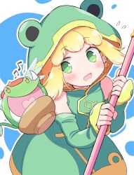 1girl amitie_(kinomoto_sakura)_(puyopuyo) amitie_(puyopuyo) animal_hood bare_shoulders blonde_hair blue_background cowboy_shot detached_sleeves donguri_gaeru double-parted_bangs dress flying_sweatdrops frog frog_hood from_above green_dress green_eyes green_sleeves hands_up highres holding holding_staff hood hood_up jazz_grace lidelle_(puyopuyo) light_blush looking_at_another looking_to_the_side musical_note no_pupils official_alternate_costume open_mouth outline puyopuyo puyopuyo_quest raised_eyebrows sideways_glance sleeve_cuffs sleeves_past_wrists solo staff two-handed two-tone_background wavy_mouth white_background white_outline yellow_trim