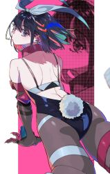 1girl arm_belt arm_support armpit_crease back bare_shoulders belt black_gloves black_hair black_pantyhose bob_cut claws collar colored_inner_hair cowboy_shot earrings elbow_gloves fake_claws fake_tail from_behind gloves hair_between_eyes hair_ornament hair_ribbon hairclip highres jewelry leotard looking_at_viewer looking_back machi_(wm) median_furrow multicolored_hair original pantyhose parallel_hairclips parted_lips pink_belt pink_collar playboy_bunny purple_eyes rabbit_tail rainbow_hair ribbon short_hair shoulder_blades sideways_glance solo stud_earrings tail thighlet white_background zoom_layer