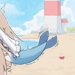1boy 1girl blonde_hair commentary crab dress english_commentary fins fish_girl fish_tail frilled_dress frills grabbing_another&#039;s_ass groping hetero highres indie_virtual_youtuber lighthouse loli long_hair out_of_frame outdoors sameko_saba sex shore tail trembling very_long_hair white_dress zlix0n
