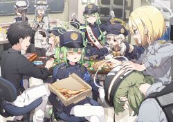 1boy 6+girls annoyed aoba_(blue_archive) armband belt black_shirt blonde_hair blue_archive blue_armband blue_eyes board_game bow box brown_hair buttons chair closed_eyes cup double-breasted faceless faceless_male fluffy_hair food gloves green_hair green_halo grey_hair grey_shirt halo hand_on_another&#039;s_head hat helmet highlander_railway_academy_student_(blue_archive) highlander_railway_academy_student_(hg)_(blue_archive) highres hikari_(blue_archive) holding holding_box indoors long_hair long_sleeves multiple_girls nozomi_(blue_archive) open_mouth pants pantyhose paper pizza pointy_ears ponytail red_eyes sensei_(blue_archive) shirt shoes short_hair short_twintails siblings sisters sitting sweatdrop table tail twins twintails white_gloves white_pants white_pantyhose yellow_bow yellow_eyes yellow_halo yukie_(kusaka_shi)