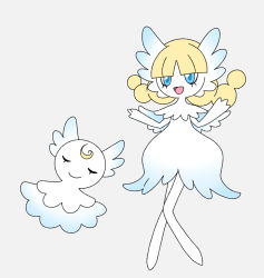 1girl blonde_hair blunt_bangs closed_eyes closed_mouth colored_skin creatures_(company) fakemon female_focus flat_chest flat_color full_body game_freak grey_background hands_up happy knees_together_feet_apart medium_hair muguet nintendo original pokemon simple_background smile standing twintails white_skin wings