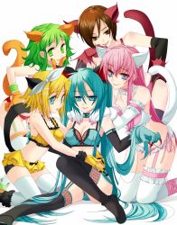 5girls animal_ears bad_id bad_pixiv_id cat_ears cat_tail garter_belt gumi hatsune_miku highres kagamine_rin lingerie megurine_luka meiko_(vocaloid) multiple_girls platinumcorundum tail thighhighs twintails underwear vocaloid yuri