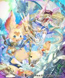 aircraft airship blonde_hair blue_bow blue_bowtie blue_eyes bow bowtie elbow_gloves flying frilled_skirt frills gloves hat holding holding_staff long_hair magical_girl mascot monika_weisswind_(magical_girl) morra_(shingeki_no_bahamut) nejita official_art red_bow red_bowtie shingeki_no_bahamut skirt smile staff sword thighhighs twintails weapon white_thighhighs winged_hat