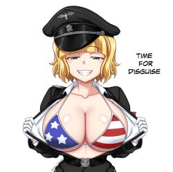 1girl american_flag american_flag_bikini american_flag_print artist_name aryana_schutze belt belt_buckle bikini black_belt black_hat black_jacket blonde_hair blue_bikini blue_eyes blunt_ends breasts buckle cleavage collarbone colored_eyelashes commentary dated dress_shirt english_commentary english_text flag_print gloves grin half-closed_eyes halterneck hat jacket large_breasts linea_alba long_sleeves looking_at_viewer military_uniform mixed-language_commentary multicolored_bikini nazi open_clothes open_jacket open_shirt opened_by_self original peaked_cap print_bikini red_bikini shirt short_hair shoulder_boards signature simple_background skull_and_crossbones smile solo straight-on string_bikini swimsuit tomboyist totenkopf upper_body white_background white_bikini white_gloves white_shirt