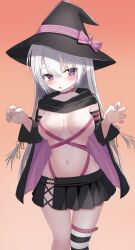 1girl :o asymmetrical_legwear ayachi_nene bare_shoulders belt belt_bra belt_collar black_cape black_hat black_skirt blush bow breasts breasts_apart cape claw_pose collar commentary detached_sleeves eyelashes eyes_visible_through_hair feet_out_of_frame gradient_background grey_hair hair_between_eyes hair_ribbon hands_up hat hat_bow highres ku_henbau1 large_breasts long_hair long_sleeves looking_at_viewer miniskirt mismatched_legwear navel open_mouth orange_background pink_belt pink_bow pink_cape pleated_skirt purple_eyes ribbon sanoba_witch simple_background single_thighhigh skirt solo standing stomach straight_hair striped_clothes striped_thighhighs thighhighs two-sided_cape two-sided_fabric very_long_hair w_arms wide_sleeves witch witch_hat yellow_ribbon zettai_ryouiki