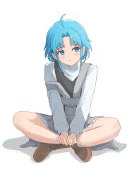 1girl :o absurdres ahoge black_vest blue_eyes blue_hair brown_shoes commentary daimaou_cc dress english_commentary full_body grey_skirt highres indian_style lara_greyrat long_sleeves looking_to_the_side medium_hair mushoku_tensei overall_skirt parted_bangs shoes simple_background sitting skirt solo vest white_background white_dress