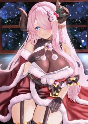 1girl bare_shoulders black_garter_straps black_gloves blue_eyes blush braid breasts christmas cleavage commentary_request draph dress fur-trimmed_dress fur-trimmed_sleeves fur_trim garter_straps gloves granblue_fantasy hair_ornament hair_over_one_eye highres hilda_sakura holly_hair_ornament horns large_breasts leotard long_hair looking_at_viewer narmaya_(granblue_fantasy) narmaya_(holiday)_(granblue_fantasy) official_alternate_costume pink_hair pointy_ears pom_pom_(clothes) santa_costume santa_dress see-through_cleavage see-through_clothes see-through_leotard single_braid smile snowman_hair_ornament solo thighhighs thighs very_long_hair