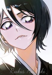 1girl black_hair black_robe bleach hair_between_eyes highres kuchiki_rukia lipgloss looking_to_the_side n_(nauki_11) purple_eyes robe shihakusho short_hair solo striped_robe white_background white_stripes