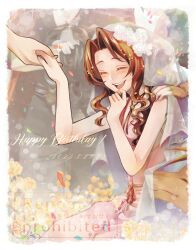 2girls aerith_gainsborough animal bare_arms bare_shoulders black_fur black_pants blush boots border breasts bridal_veil brown_footwear brown_hair cait_sith_(final_fantasy) cape cat choker cloak closed_eyes confetti dated dress final_fantasy final_fantasy_vii final_fantasy_vii_rebirth final_fantasy_vii_remake fingerless_gloves flower flower_choker gloves green_shirt hand_on_another&#039;s_shoulder hand_to_own_mouth happy_birthday highres holding holding_animal holding_cat holding_hands jo_ro_ri kneeling long_dress long_hair medium_breasts multiple_girls open_mouth orange_fur orange_gloves pants parted_bangs pink_dress red_cape red_cloak red_xiii shirt sidelocks sleeveless sleeveless_dress sleeveless_turtleneck smile sparkle turtleneck tuxedo_cat twintails two-tone_fur veil vincent_valentine wavy_hair white_border white_fur white_gloves yellow_flower yuffie_kisaragi