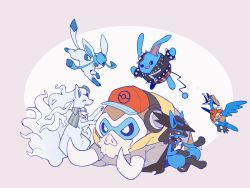 ^_^ alolan_form alolan_ninetales alolan_ninetales_(tuxedo) azumarill azumarill_(punk) black_eyes capelet closed_eyes clothed_pokemon commentary cramorant cramorant_(frontier) gen_2_pokemon gen_4_pokemon gen_7_pokemon gen_8_pokemon glaceon green_capelet hat headphones highres lanjiujiu lucario lucario_(costume_party) mamoswine nintendo no_humans open_mouth poke_ball_print pokemon pokemon_unite smile tusks
