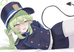 Rule 34 | 1girl, bdsm, blue archive, bondage, bound, bruise, green hair, gurenola, hat, injury, nozomi (blue archive), pointy ears, ryona, solo, tail, tearing up