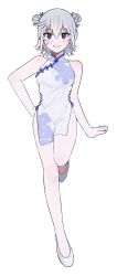 1girl absurdres blush breasts china chris_(konosuba) commentary double_bun dress english_commentary floral_print full_body grin hair_bun hand_on_own_hip highres kono_subarashii_sekai_ni_shukufuku_wo! legs looking_at_viewer poyo_pn print_dress purple_eyes second-party_source shoes short_hair simple_background sleeveless sleeveless_dress smile solo thighs variant_set white_background white_dress white_shoes