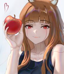1girl absurdres animal_ears apple asumie_art black_tank_top closed_mouth collarbone eyebrows_hidden_by_hair eyes_visible_through_hair facial_mark facing_viewer food fruit grey_background heart highres holding holding_food holding_fruit holo lipstick looking_at_viewer makeup medium_hair pink_lips portrait smile solo spice_and_wolf tank_top wolf_ears wolf_girl