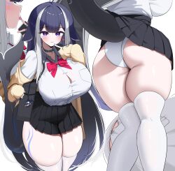 1girl absurdres ahoge ass black_hair blue_collar blush bow breasts cardigan cetacean_tail collar facial_mark fins fish_tail heart heart_ahoge highres huge_breasts indie_virtual_youtuber long_hair looking_at_viewer multicolored_hair multiple_views nicorima open_cardigan open_clothes orca_girl panties pleated_skirt purple_eyes red_bow shirt shylily skindentation skirt streaked_hair tail taut_clothes taut_shirt thighhighs underwear virtual_youtuber white_hair white_panties white_shirt white_thighhighs