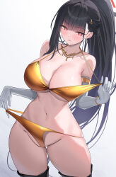 1girl bikini black_hair black_halo black_thighhighs blue_archive blush breasts commentary_request earrings elbow_gloves gloves gold_bikini hair_ornament halo highres holding_strap jewelry large_breasts looking_at_viewer navel necklace ponytail red_eyes rio_(blue_archive) shougun_(chuckni1) simple_background solo stomach swimsuit thighhighs thighs white_background white_gloves