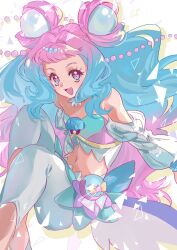 Rule 34 | 1girl, absurdres, aqua shirt, back bow, bag bow, bare shoulders, beads, blue bag, blue bow, blue brooch, blue hair, blunt bangs, bow, bowtie, circlet, coattails, collar, crop top, cure la mer, detached collar, detached sleeves, dot nose, double bun, drop shadow, eyelash ornament, eyelashes, feet out of frame, frilled shirt, frills, gradient hair, hair beads, hair bun, hair intakes, hair ornament, highres, laura la mer, light blush, long hair, long sleeves, magical girl, midriff, multicolored hair, navel, open mouth, pants, pearl hair ornament, pink bag, pink eyes, pink hair, pink shirt, precure, puffy long sleeves, puffy sleeves, red bow, red bowtie, shell brooch, shipu (gassyumaron), shirt, sitting, smile, solo, star (symbol), strapless, strapless shirt, tareme, triangle, tropical-rouge! precure, two-tone bag, two-tone hair, two-tone shirt, vertical-striped sleeves, very long hair, waist bag, wavy hair, white background, white collar, white pants, white sleeves, yellow bow