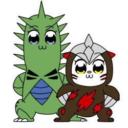 :3 artist_request claws creatures_(company) excadrill full_body game_freak gen_2_pokemon gen_5_pokemon looking_at_viewer nintendo no_humans parody pokemon pokemon_(creature) poptepipic simple_background smile standing style_parody tail teamwork tyranitar white_background