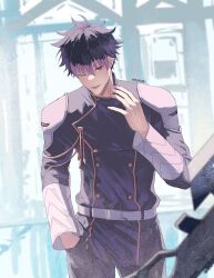 Rule 34 | 1boy, belt, black pants, hand in pocket, hand up, highres, hoshina soshiro, kaijuu no. 8, looking at viewer, one eye closed, pants, purple hair, red eyes, ryepe, shirt tucked in, short hair, shoulder pads, tongue, tongue out, watermark, white belt