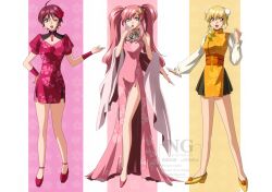 3girls :d ;d ahoge alternate_costume bare_arms bare_legs black_skirt blonde_hair blue_eyes breasts bun_cover cagalli_yula_athha collarbone double_bun dress earrings evening_gown floating_hair floral_print flower full_body gundam gundam_seed gundam_seed_destiny hair_bun hair_flower hair_ornament hand_on_own_hip highres jewelry lacus_clyne long_dress long_hair long_sleeves lunamaria_hawke miniskirt multiple_girls obi one_eye_closed open_mouth orange_eyes pink_dress pink_hair pink_shoes pleated_skirt print_dress red_dress red_flower red_hair red_shoes sash shoes short_dress short_hair short_sleeves skirt sleeveless sleeveless_dress small_breasts smile standing twintails very_long_hair white_sleeves yellow_shoes yukiichigo216