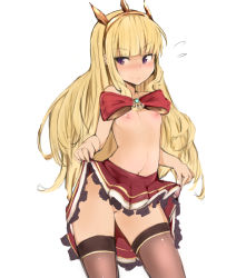 10s 1girl blonde_hair blush bow breasts cagliostro_(granblue_fantasy) clothes_lift crown female_focus flying_sweatdrops granblue_fantasy highres lifting_own_clothes long_hair muoto nipples purple_eyes pussy simple_background skirt skirt_lift small_breasts smile solo thighhighs uncensored