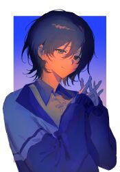 1boy black_hair blue_jacket chinese_commentary chinese_track_school_uniform closed_mouth collared_shirt commentary_request contrast_collar green_eyes hair_between_eyes highres huidu interlocked_fingers jacket long_sleeves male_focus mole mole_under_eye open_clothes open_jacket original procreate_(medium) school_uniform shirt short_hair sleeves_past_wrists smile solo track_jacket upper_body white_shirt