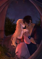 Rule 34 | 1boy, 1girl, a court of thorns and roses (series), bat wings, black hair, blonde hair, bush, closed eyes, commentary, dark-skinned male, dark skin, demon wings, dress, earrings, elain archeron, english commentary, foliage, hair ornament, hand on another&#039;s shoulder, highres, imminent kiss, jewelry, mysleepyblue, night, night sky, scar, scar on hand, shoulder tattoo, sky, tattoo, twitter username, wings