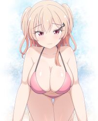 1girl all_fours bang_dream! bare_arms bare_legs bare_shoulders barefoot bikini blue_background blush breasts brown_hair cat_hair_ornament cleavage closed_mouth collarbone feet_out_of_frame gluteal_fold hair_between_eyes hair_ornament hairclip halterneck highres hiromachi_nanami large_breasts looking_at_viewer navel pink_bikini pink_eyes ren_0_(044ren) smile solo swimsuit thigh_gap two-tone_background two_side_up white_background