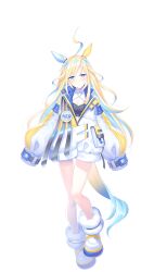 Rule 34 | 1girl, ahoge, animal ears, artist request, bad link, blue eyes, blue hair, boots, breasts, colored inner hair, ear covers, ear ornament, full body, gradient hair, highres, horse ears, horse girl, horse tail, jacket, long hair, long sleeves, looking at viewer, multicolored hair, multicolored jacket, neo universe (umamusume), official art, parted lips, single ear cover, sleeves past fingers, sleeves past wrists, small breasts, solo, tachi-e, tail, transparent background, umamusume, very long hair, white boots