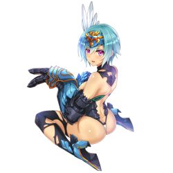 1girl armor ass back beige_skin blue_hair blush boots embarrassed feather_hair_ornament full_body gauntlets hair_ornament high_heels kneeling looking_back nanatsu_no_bitoku open_mouth purple_hair sandalphon_(nanatsu_no_bitoku) short_hair soles torn_clothes transparent_background