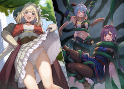 Rule 34 | 2boys, 3girls, ahoge, armpits, belt, beret, black pantyhose, blonde hair, blue dress, blue hair, blush, boots, bound, bound arms, bound legs, bound torso, buzz cut, cameltoe, cape, clothes lift, copyright logo, corset, dress, dress lift, elbow gloves, elle (shikiyoku musou), flower, frilled dress, frills, gloves, gluteal fold, grey eyes, groin, hair flower, hair ornament, hand on another&#039;s shoulder, hat, lifting another&#039;s clothes, locked arms, long hair, low twintails, medium hair, midriff, miniskirt, miranda (shikiyoku musou), multiple boys, multiple girls, multiple views, navel, novel illustration, official art, one eye closed, open mouth, orange eyes, panties, pantyhose, pantyshot, plant, pleated dress, purple eyes, purple hair, raised inner eyebrows, red cape, rin (shikiyoku musou), sankuro (agoitei), scarf, second-party source, shikiyoku musou, short hair, shorts, shorts under skirt, sister helena, skirt, strapless, tree, tube top, twintails, underwear, very long hair, very short hair, vines, watermark, white panties