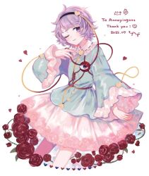 Rule 34 | 1girl, ;), black hairband, blue shirt, buttons, collared shirt, commentary, commission, cropped legs, dated, english commentary, floral print, flower, frilled shirt collar, frilled sleeves, frills, hair ornament, hairband, heart, heart button, heart hair ornament, komeiji satori, long sleeves, looking at viewer, mozukuzu (manukedori), one eye closed, pink eyes, pink hair, pink skirt, red flower, red rose, ribbon-trimmed collar, ribbon trim, rose, rose print, shirt, short hair, simple background, skeb commission, skirt, smile, solo, third eye, touhou, white background, wide sleeves